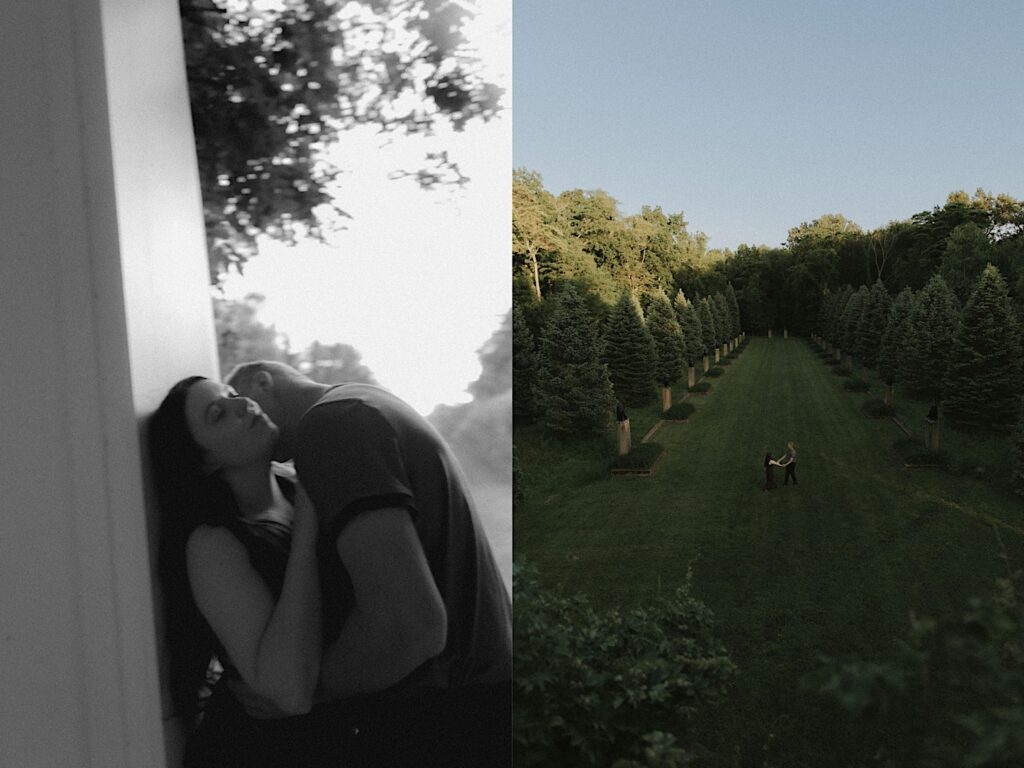 2 photos side by side, the left is black and white of a couple kissing next to a wall, the right is of the couple dancing in a clearing at Allerton Park