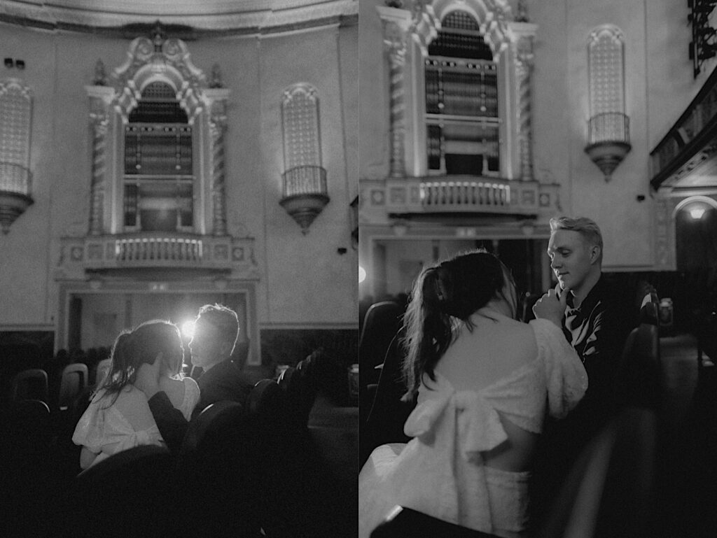 2 black and white photos side by side of a couple sitting together in the Virginia Theatre