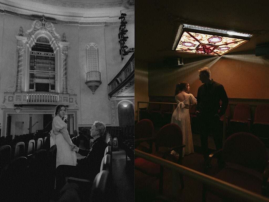 2 photos side by side of a couple together in the Virginia Theatre, the left is in black and white while the right is in color