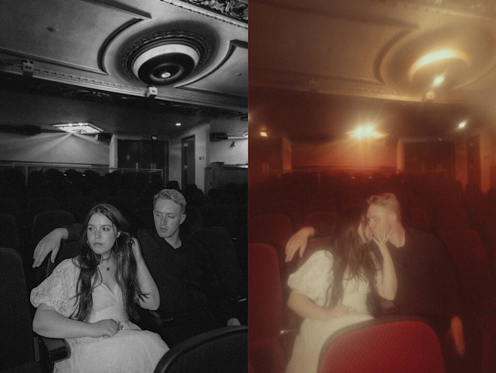 2 photos side by side of a couple sitting together in the seats of the Virginia Theatre, the left is black and white and the right is of the couple kissing