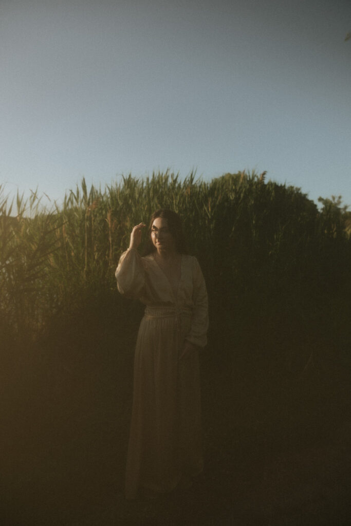 satin gown with long sleeves for golden hour engagement session